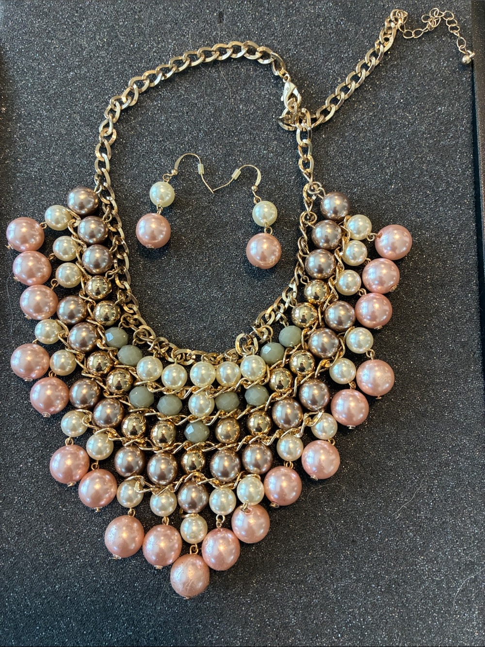 Gold-Tone Statement Necklace with Pink, Ivory, and Gray Pearls